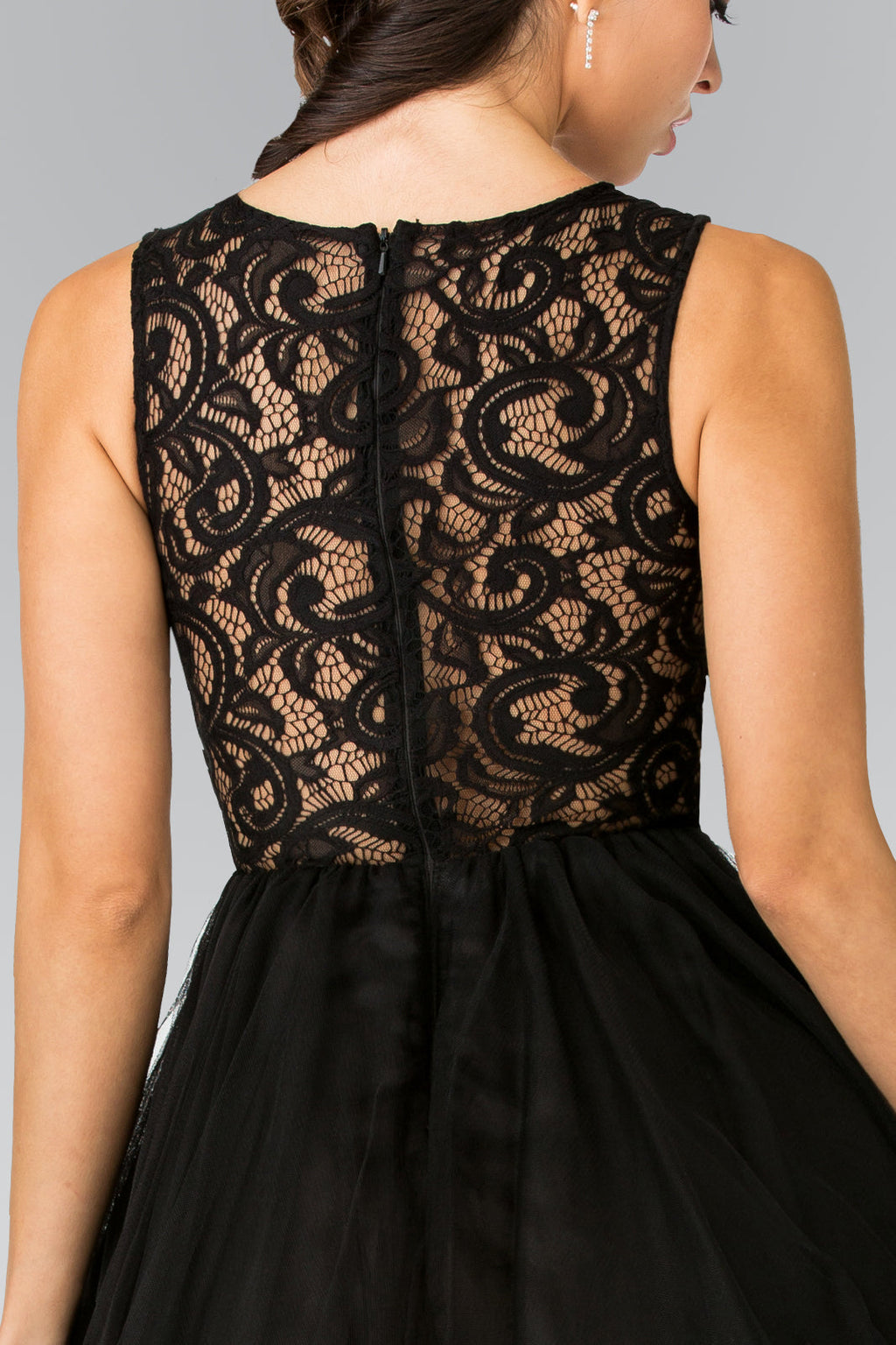 Sleeveless Short Dress with Lace Bodice and Sheer Waistline Purplish Diva