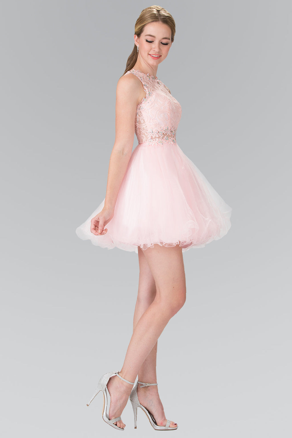 Sleeveless Short Dress with Lace Bodice and Sheer Waistline Purplish Diva