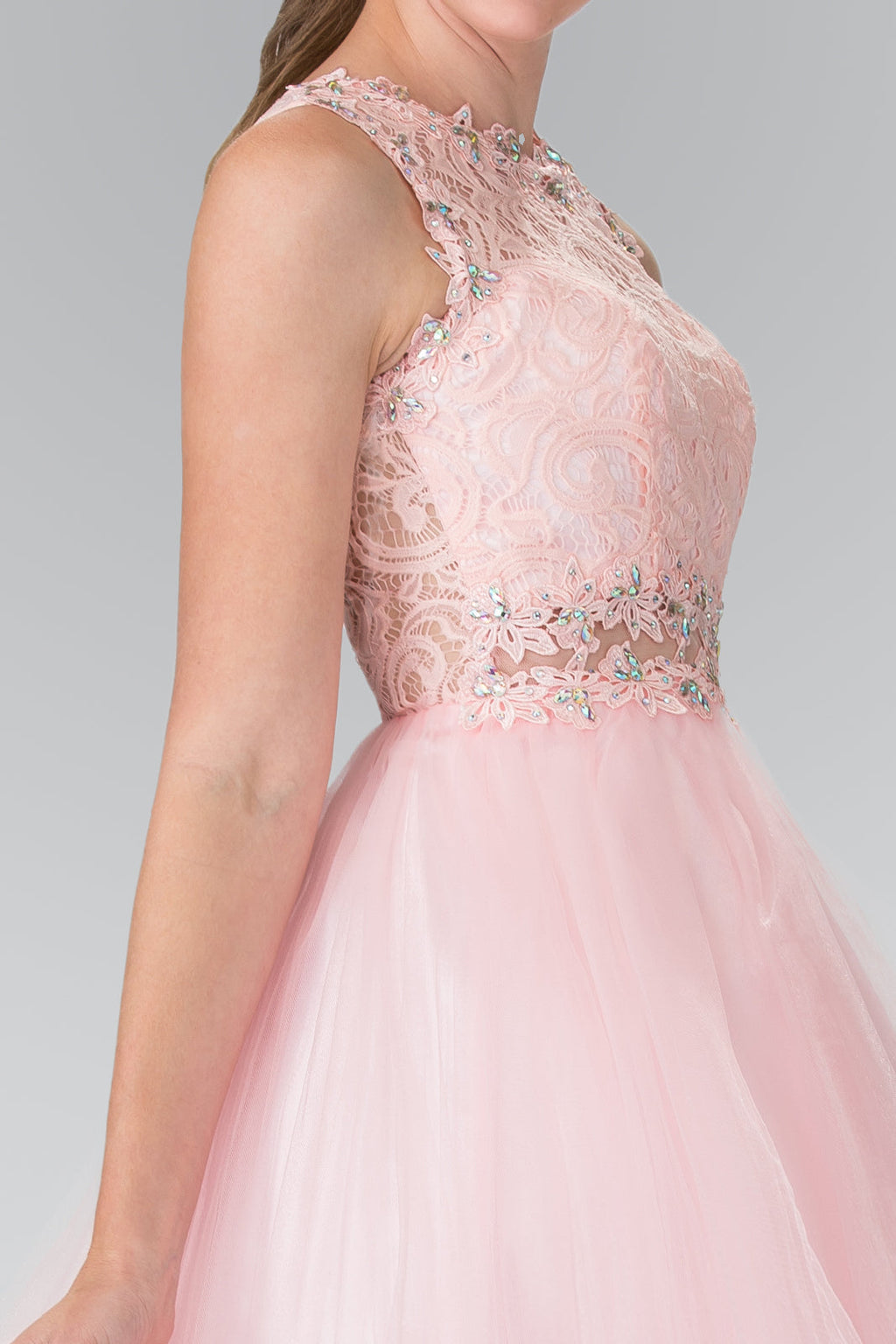 Sleeveless Short Dress with Lace Bodice and Sheer Waistline Purplish Diva