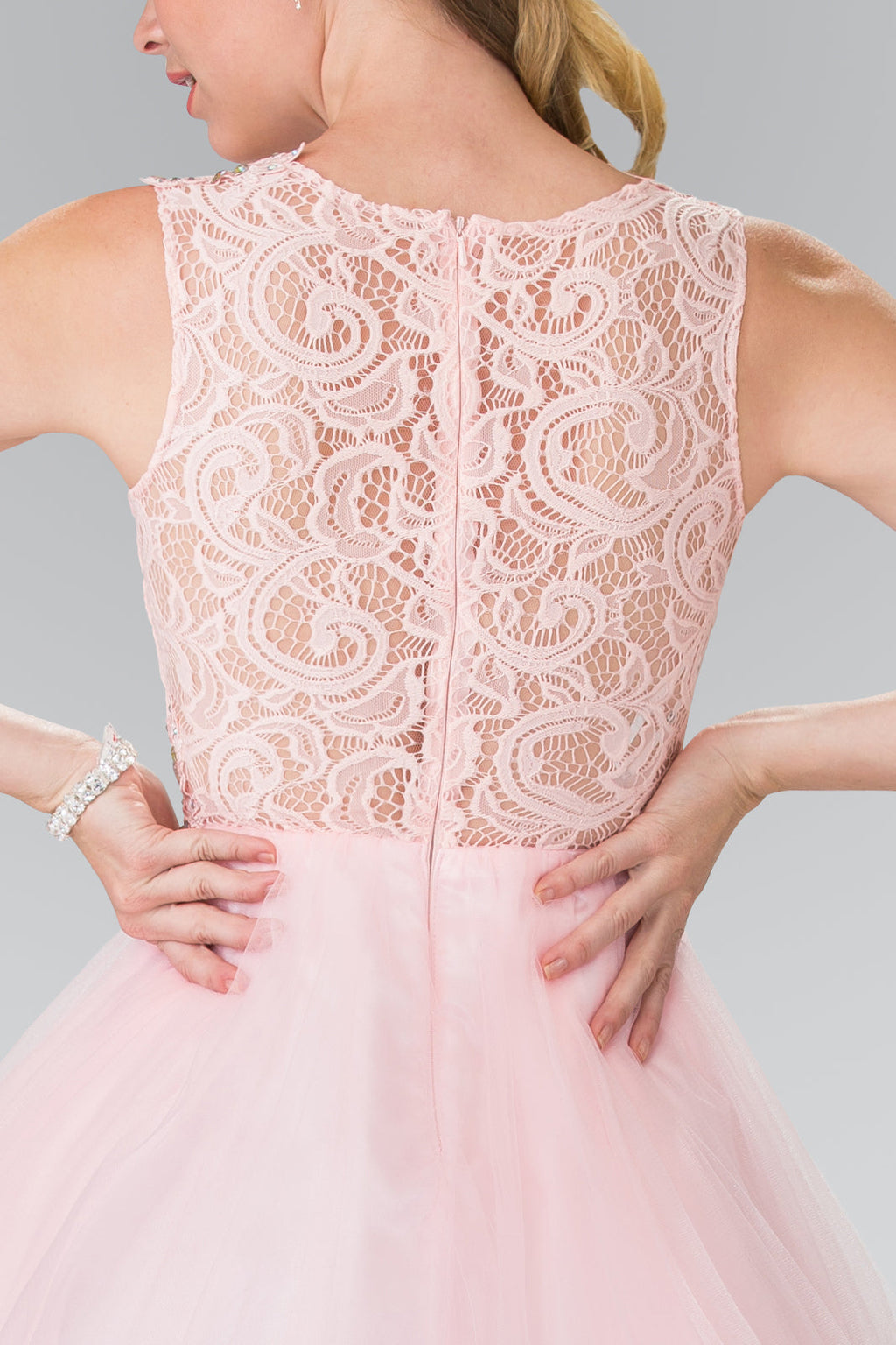 Sleeveless Short Dress with Lace Bodice and Sheer Waistline Purplish Diva