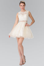 Sleeveless Short Dress with Lace Bodice and Sheer Waistline Purplish Diva