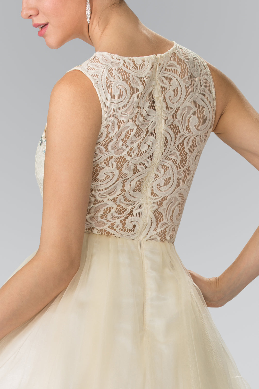 Sleeveless Short Dress with Lace Bodice and Sheer Waistline Purplish Diva