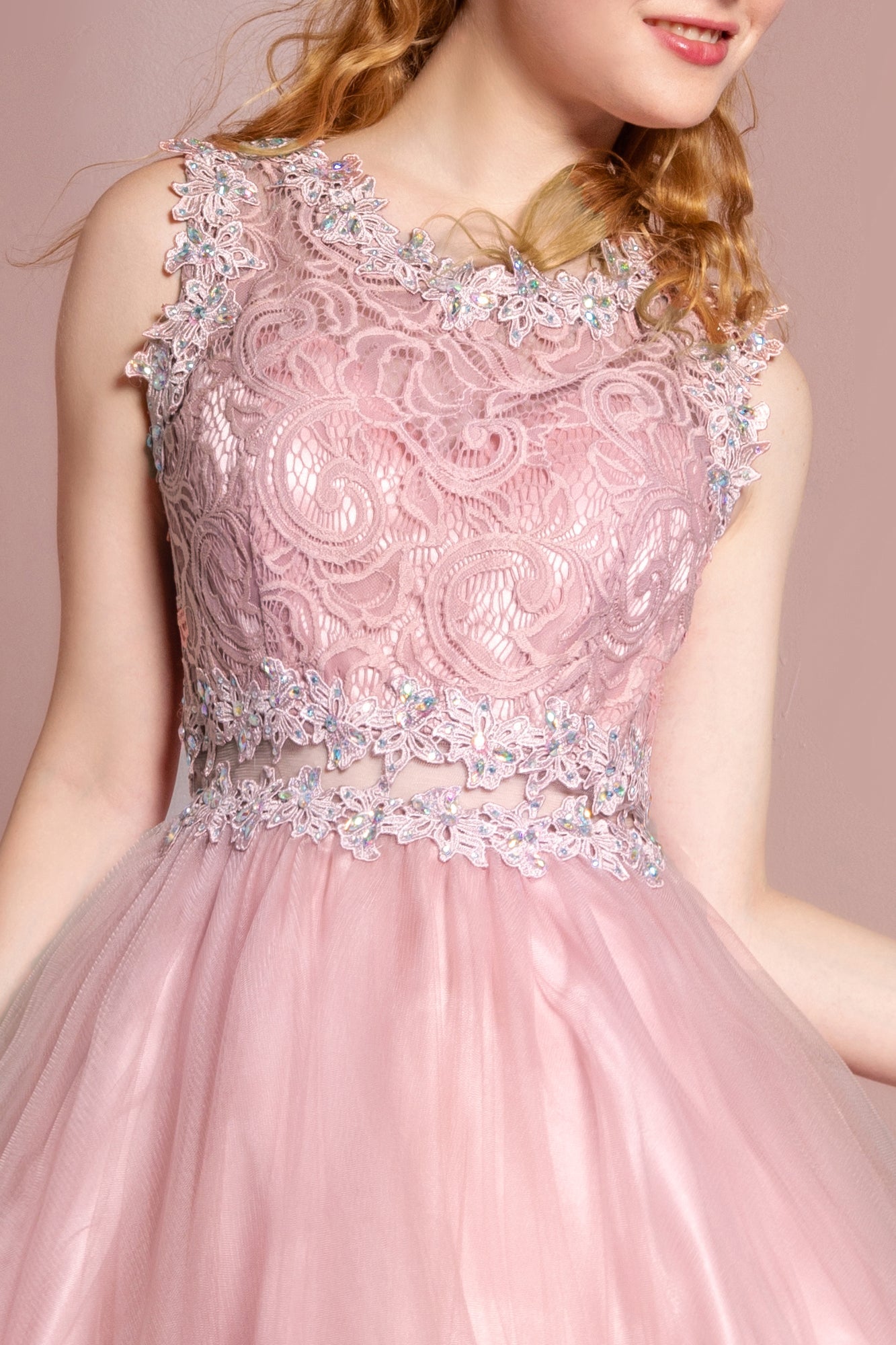 Sleeveless Short Dress with Lace Bodice and Sheer Waistline Purplish Diva