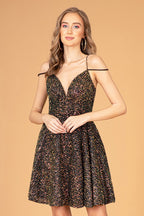 Cut-Away Shoulder Sequin Short Babydoll Dress w/ Open Back Purplish Diva