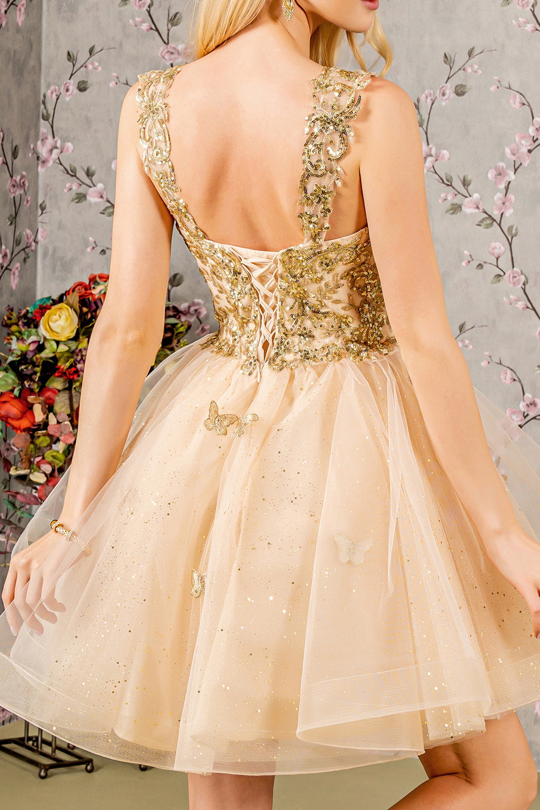 Butterfly Applique Sequin Mesh Babydoll Dress w/ Sheer Straps Purplish Diva