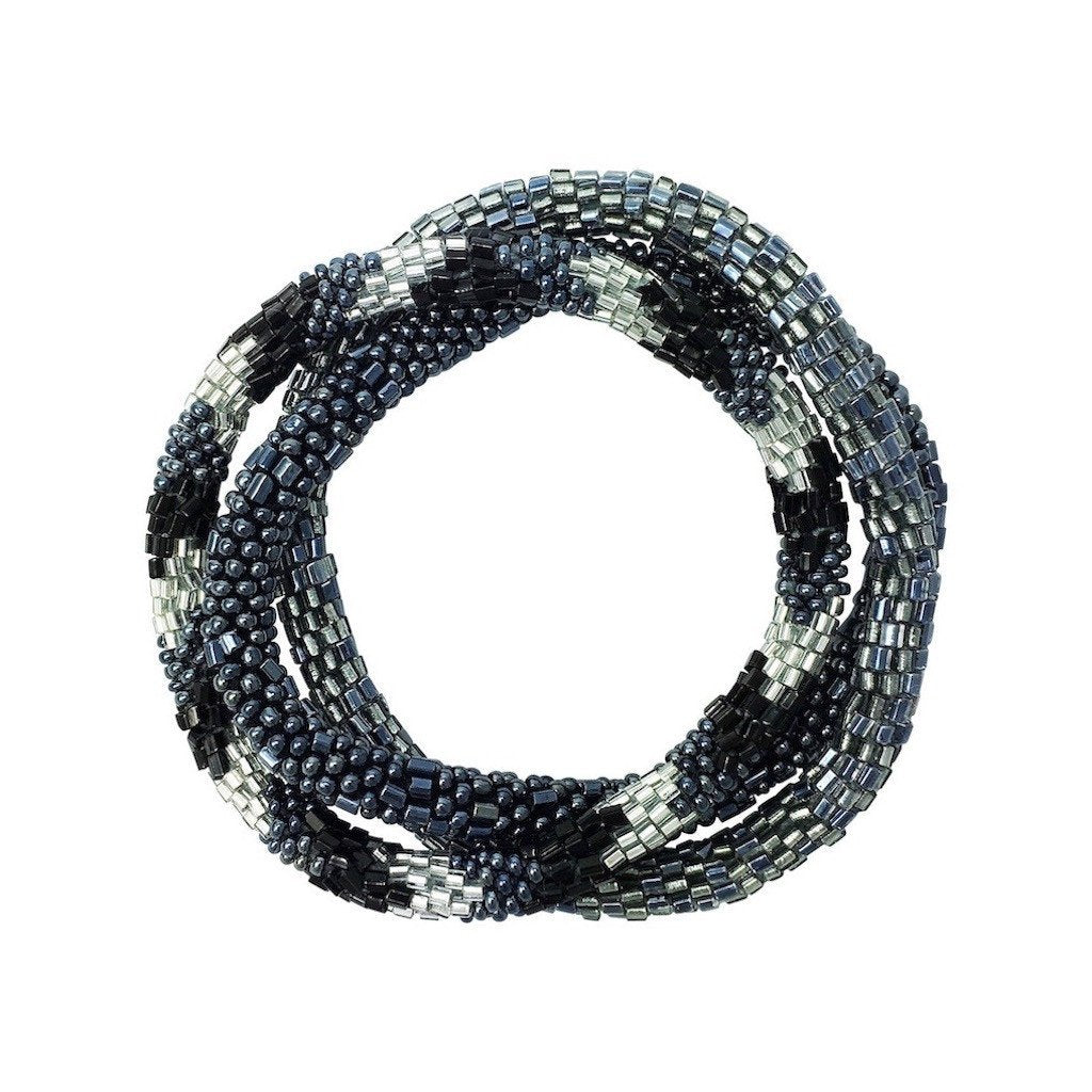 Gunmetal Gray Roll-On Beaded Bracelet Set of 3 Stackable Glass Seed Beads BandsCo Straps
