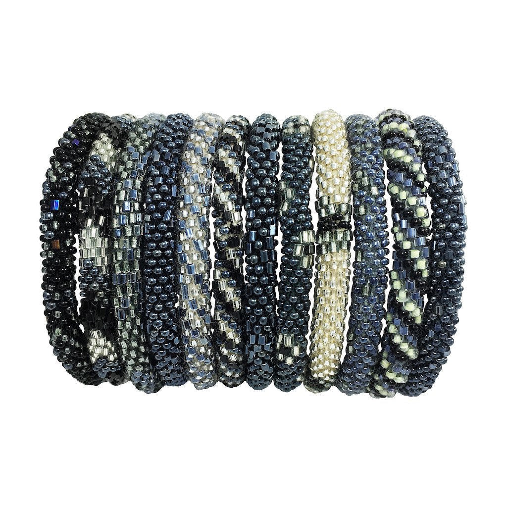 Gunmetal Gray Roll-On Beaded Bracelet Set of 3 Stackable Glass Seed Beads BandsCo Straps