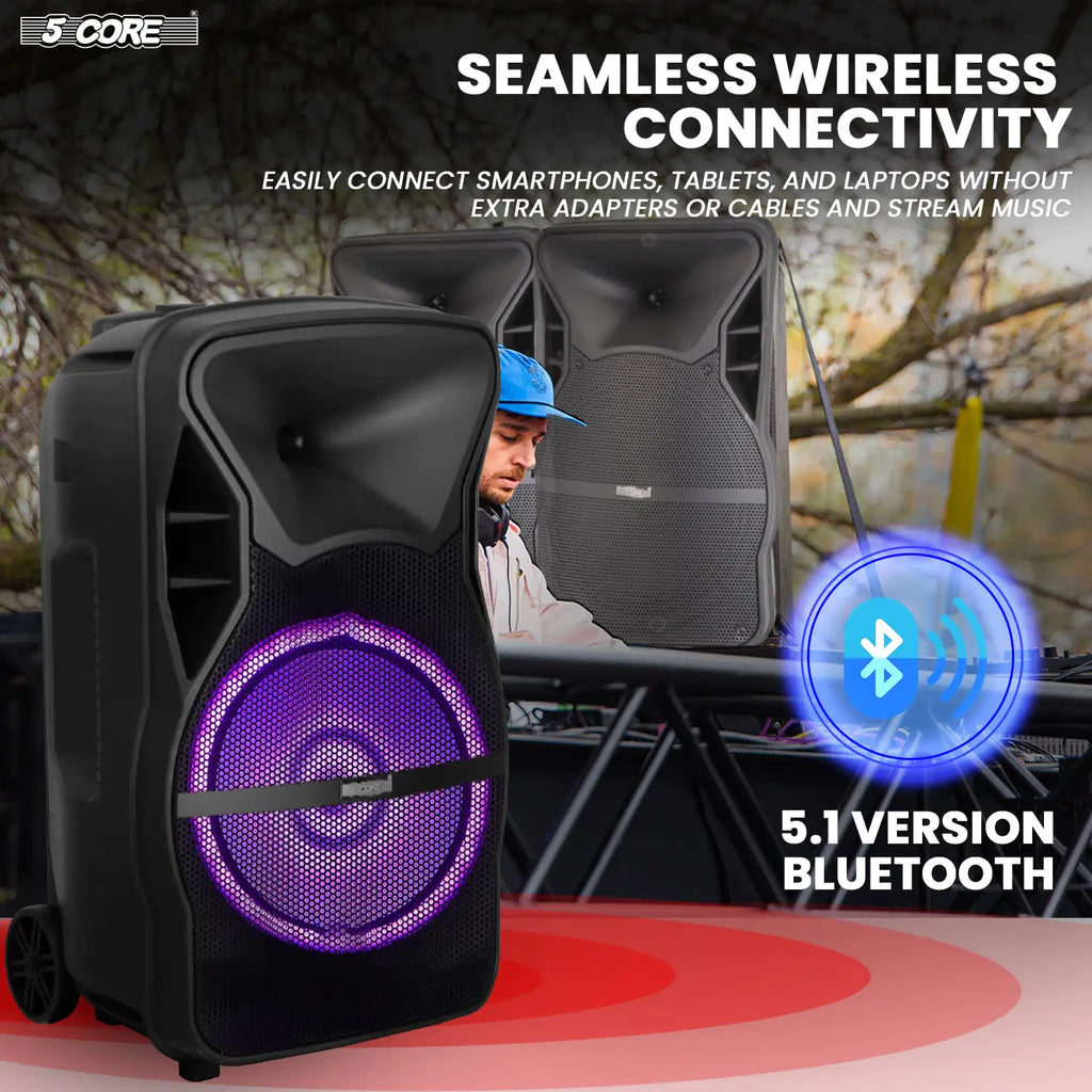 5Core15 inch PA Portable Bluetooth Party Speaker Karaoke Boombox + 2 Wireless Mics Pi-Mart