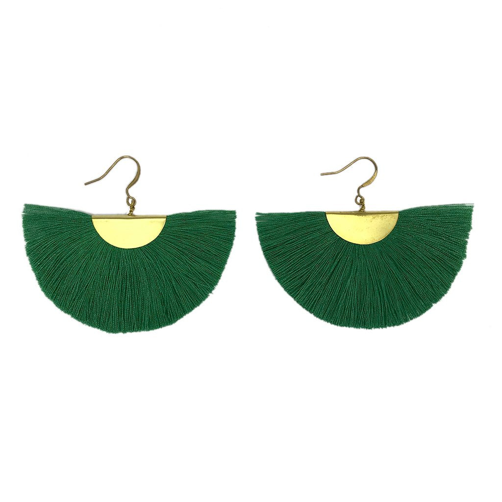 Half Moon Fan Tassel Earrings Boho Cotton Brass Lightweight Fringe Drop 3in BandsCo Straps