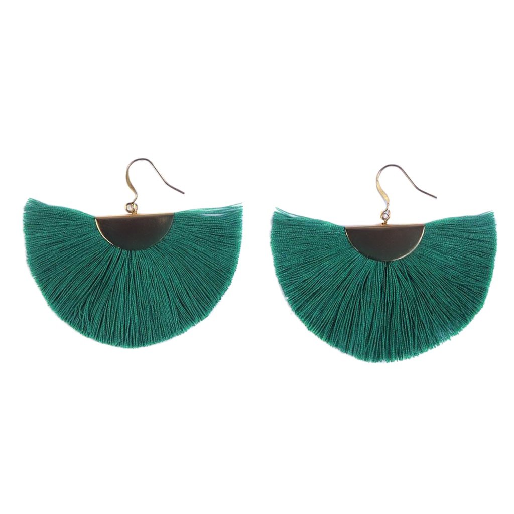 Half Moon Fan Tassel Earrings Boho Cotton Brass Lightweight Fringe Drop 3in BandsCo Straps