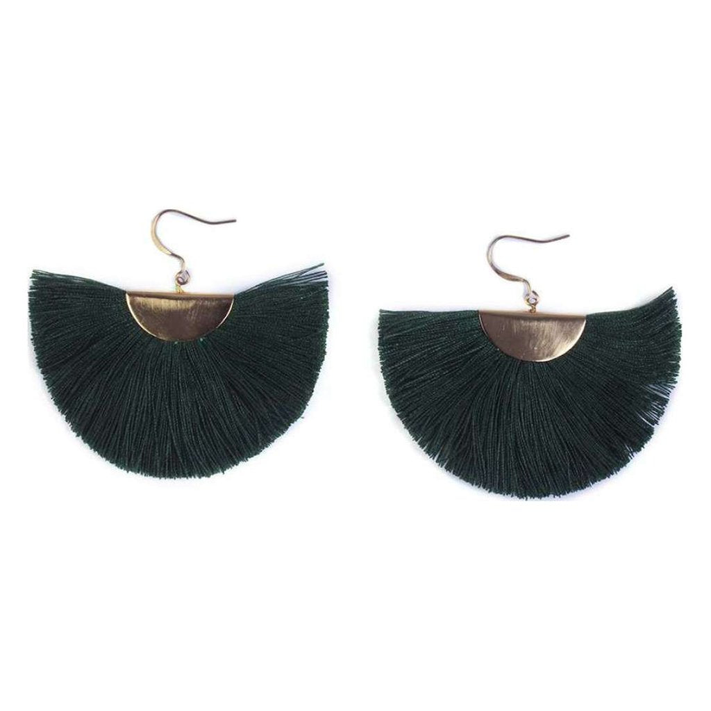 Half Moon Fan Tassel Earrings Boho Cotton Brass Lightweight Fringe Drop 3in BandsCo Straps