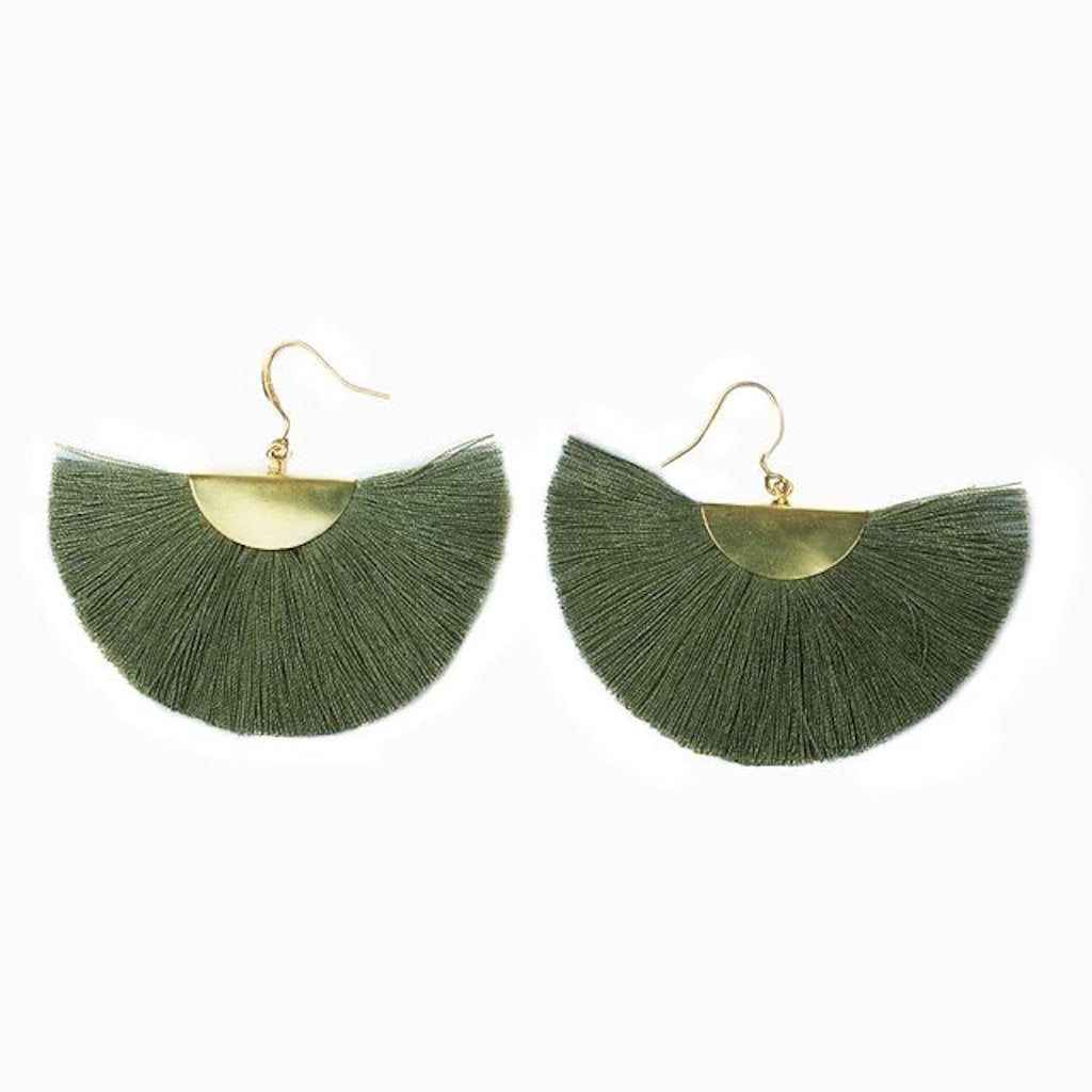 Half Moon Fan Tassel Earrings Boho Cotton Brass Lightweight Fringe Drop 3in BandsCo Straps