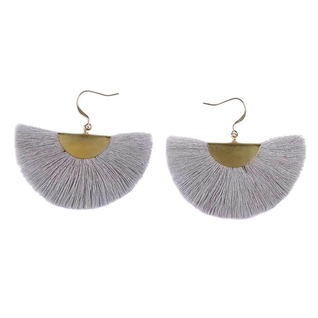Half Moon Fan Tassel Earrings Boho Cotton Brass Lightweight Fringe Drop 3in BandsCo Straps