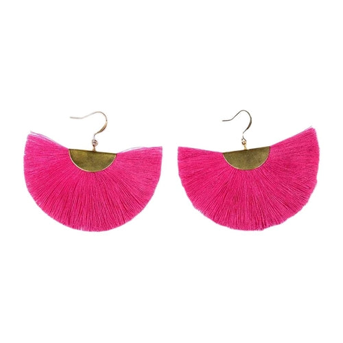 Half Moon Fan Tassel Earrings Boho Cotton Brass Lightweight Fringe Drop 3in BandsCo Straps