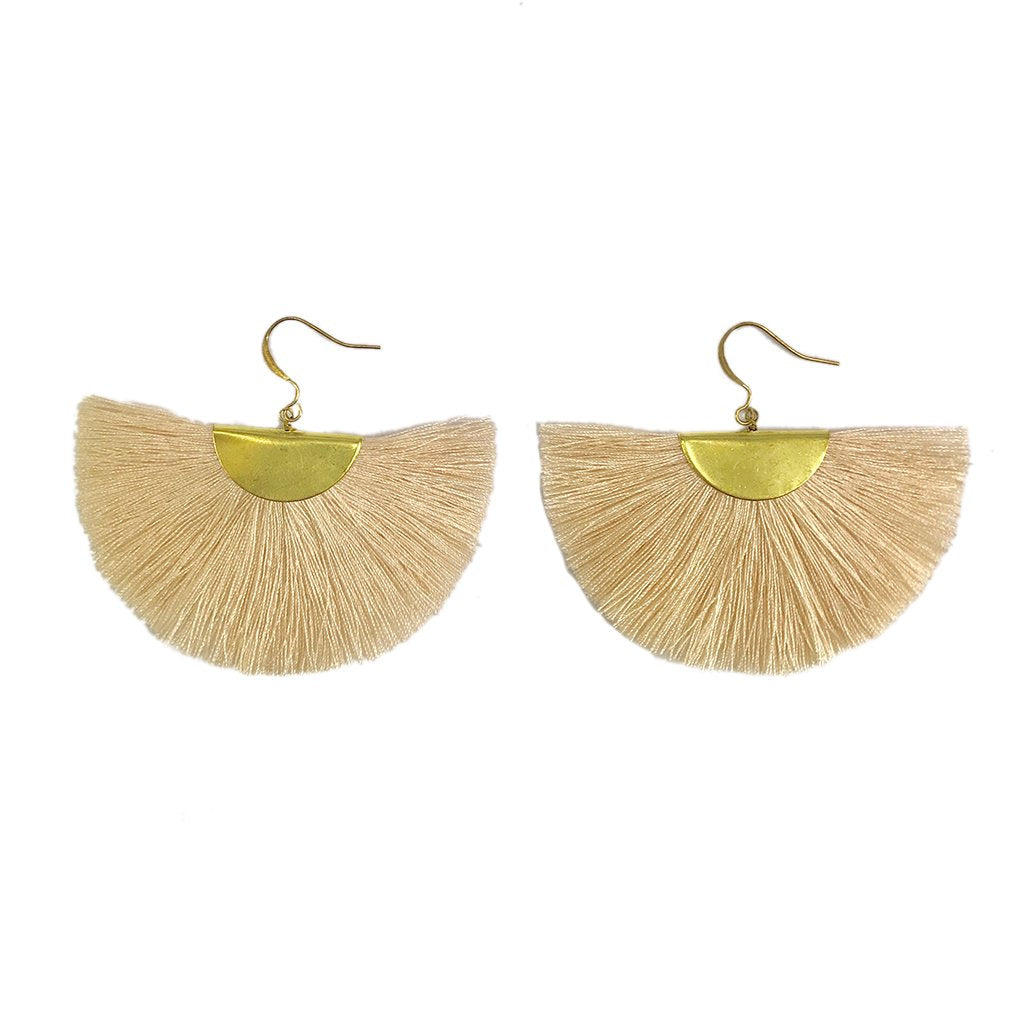 Half Moon Fan Tassel Earrings Boho Cotton Brass Lightweight Fringe Drop 3in BandsCo Straps