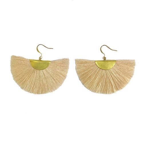 Half Moon Fan Tassel Earrings Boho Cotton Brass Lightweight Fringe Drop 3in BandsCo Straps