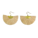 Half Moon Fan Tassel Earrings Boho Cotton Brass Lightweight Fringe Drop 3in BandsCo Straps