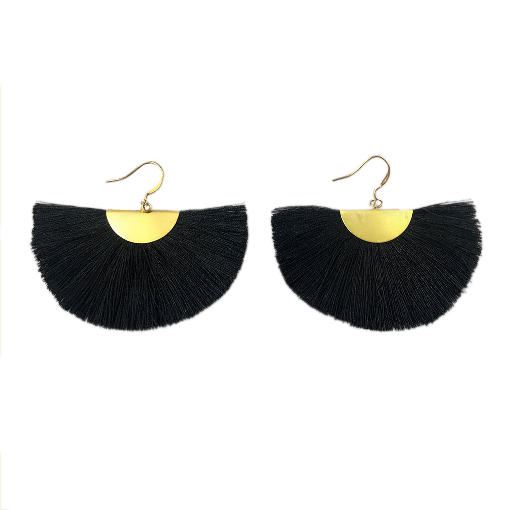 Half Moon Fan Tassel Earrings Boho Cotton Brass Lightweight Fringe Drop 3in BandsCo Straps