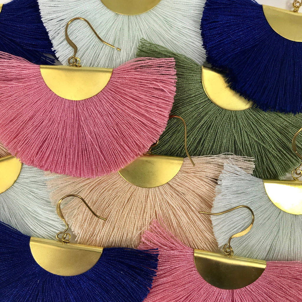 Half Moon Fan Tassel Earrings Boho Cotton Brass Lightweight Fringe Drop 3in BandsCo Straps