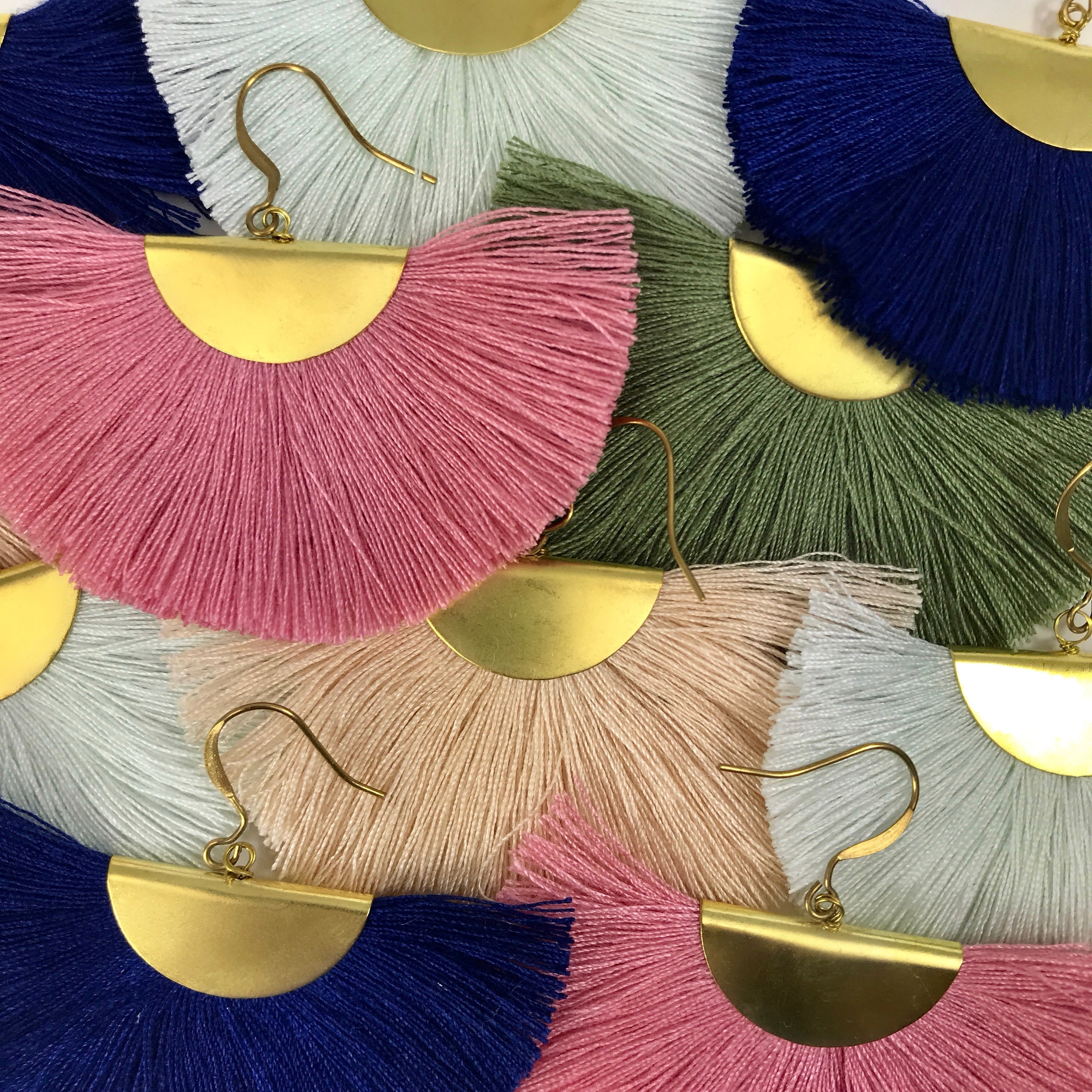 Half Moon Fan Tassel Earrings Boho Cotton Brass Lightweight Fringe Drop 3in BandsCo Straps