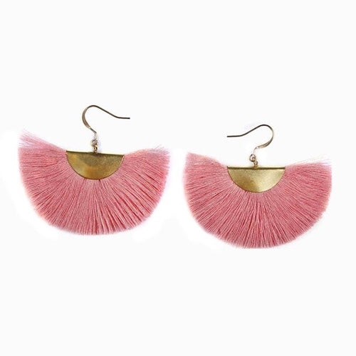 Half Moon Fan Tassel Earrings Boho Cotton Brass Lightweight Fringe Drop 3in BandsCo Straps