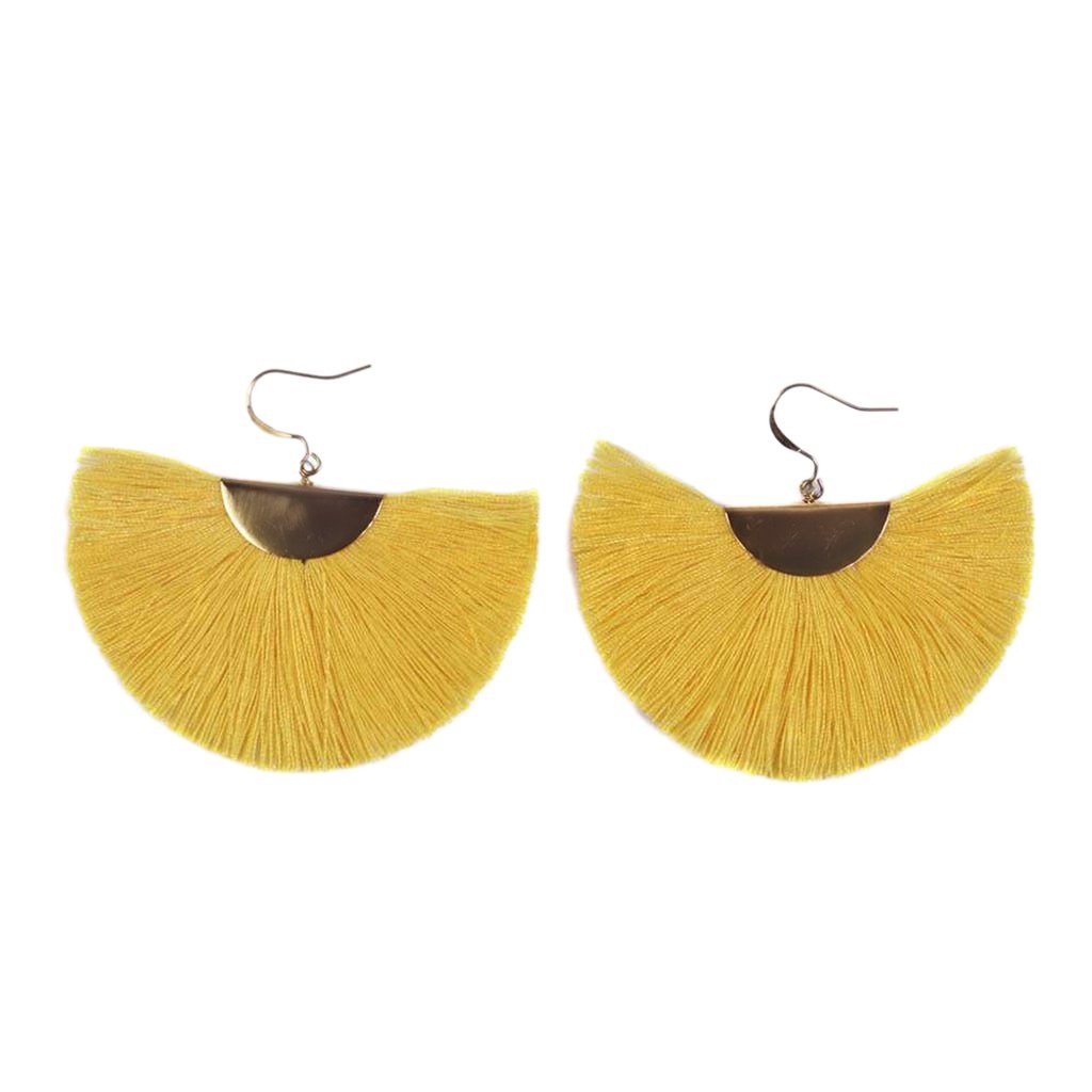 Half Moon Fan Tassel Earrings Boho Cotton Brass Lightweight Fringe Drop 3in BandsCo Straps