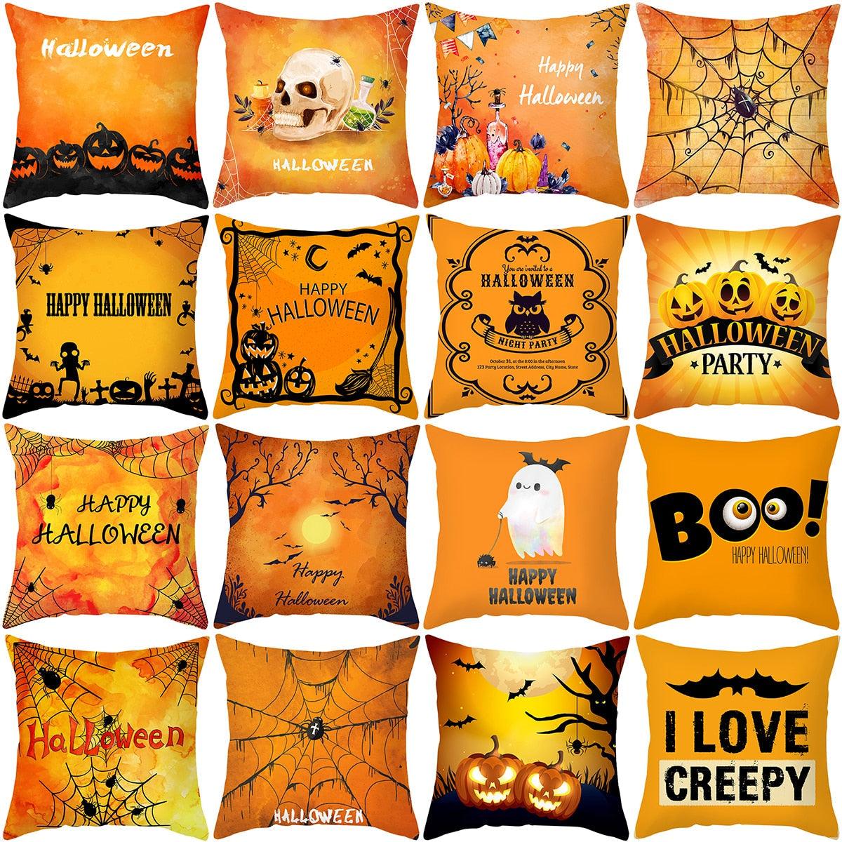 Halloween Cushion Cover Horror Pumpkin Printed Pillow Case Orange And Black Pillow Cover Pumpkin Farmhouse Deco Happy Halloween Decorative Pillow Case For Home  45x45CM Stevvex