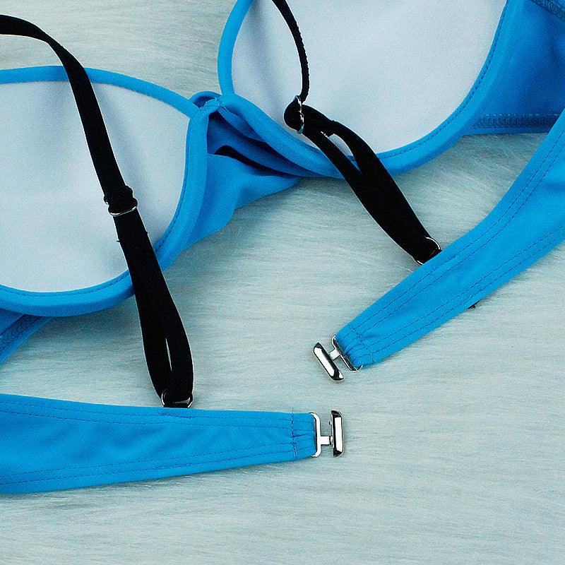 Halter Bikini Bandage Swimsuit Solid Swimwear Sport Liquid Metallic Shiny String Bikini 2 Piece Swimsuit Set Women Shiny Bikini Set Bathing Suit Push Up Two-piece Suit Stevvex