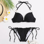 Halter Bikini Bandage Swimsuit Solid Swimwear Sport Liquid Metallic Shiny String Bikini 2 Piece Swimsuit Set Women Shiny Bikini Set Bathing Suit Push Up Two-piece Suit Stevvex