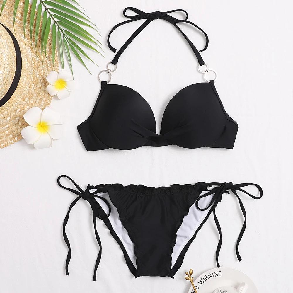 Halter Bikini Bandage Swimsuit Solid Swimwear Sport Liquid Metallic Shiny String Bikini 2 Piece Swimsuit Set Women Shiny Bikini Set Bathing Suit Push Up Two-piece Suit Stevvex