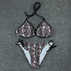 Halter Bikini Bandage Swimsuit Solid Swimwear Sport Liquid Metallic Shiny String Bikini 2 Piece Swimsuit Set Women Shiny Bikini Set Bathing Suit Push Up Two-piece Suit Stevvex