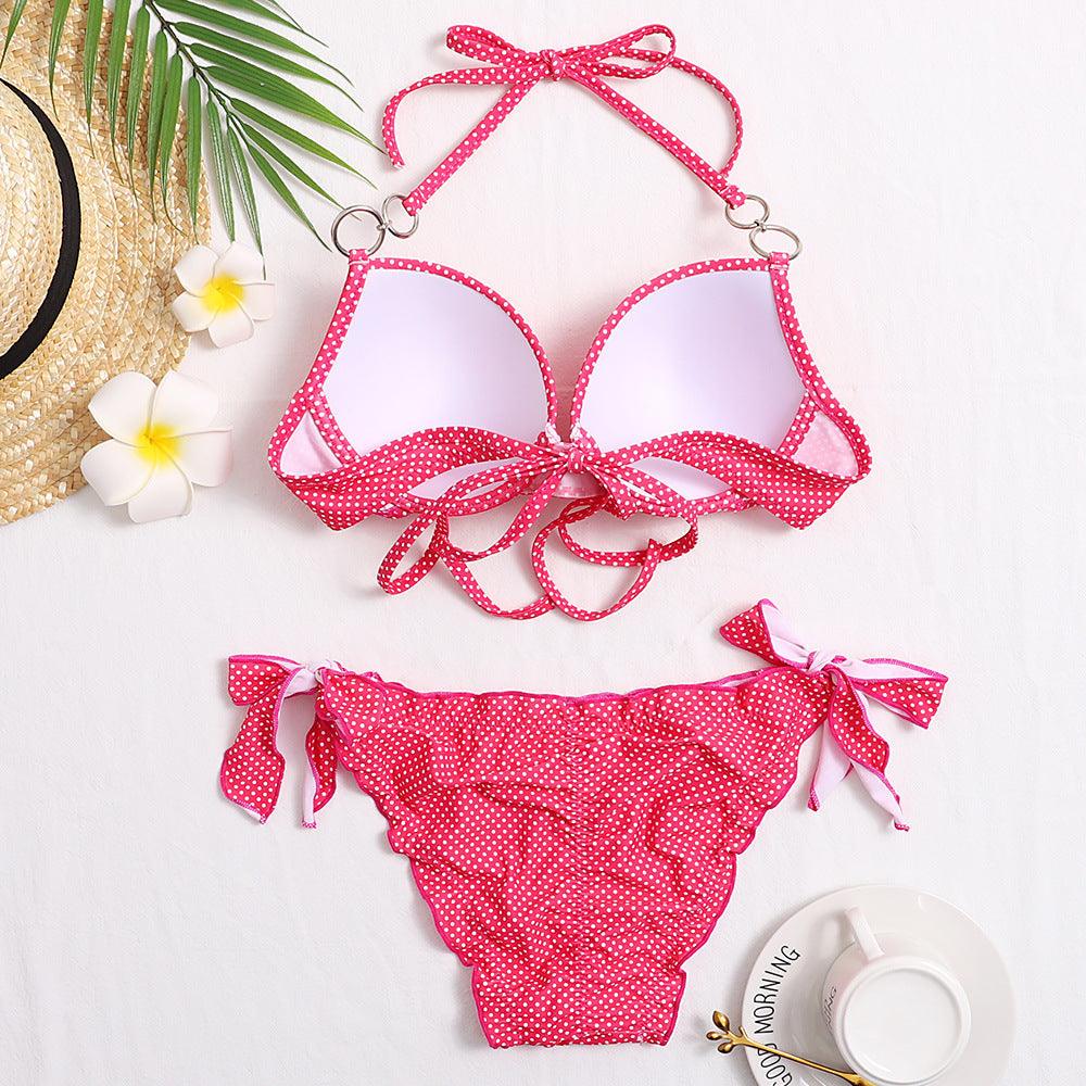 Halter Bikini Bandage Swimsuit Solid Swimwear Sport Liquid Metallic Shiny String Bikini 2 Piece Swimsuit Set Women Shiny Bikini Set Bathing Suit Push Up Two-piece Suit Stevvex