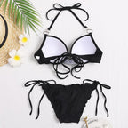 Halter Bikini Bandage Swimsuit Solid Swimwear Sport Liquid Metallic Shiny String Bikini 2 Piece Swimsuit Set Women Shiny Bikini Set Bathing Suit Push Up Two-piece Suit Stevvex