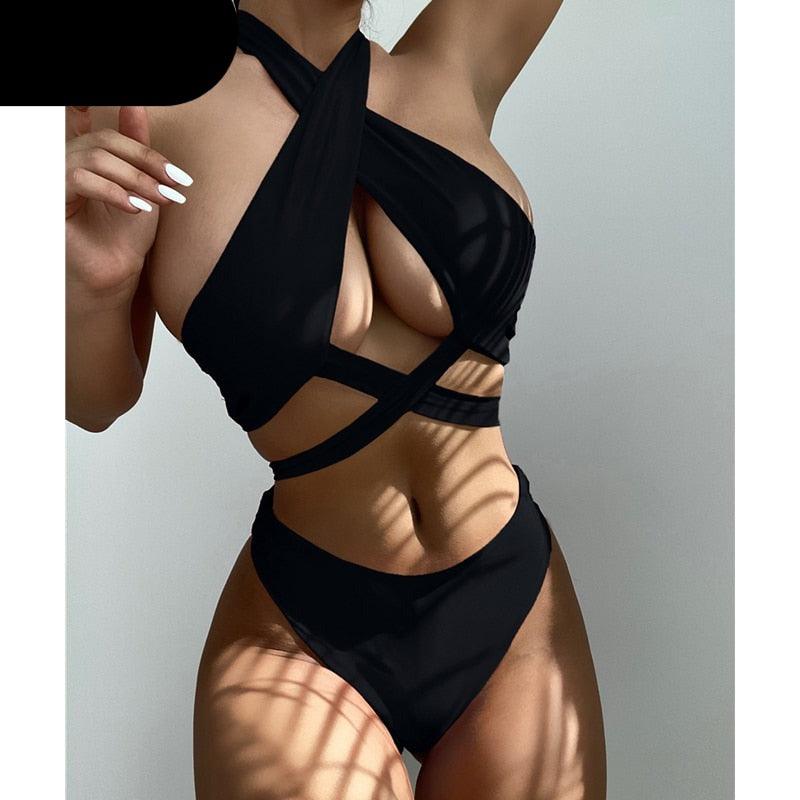 Halter Hollow Cross Bikinis Set Swimsuit Women's New Solid Two-Piece Swimwear Two Piece Swimsuit Halter Crisscross Cut Out Bikini Wrap Top with High Waist  Bottom Beach Swimwear Summer Beachwear Woman Bath Bathing Suit Stevvex
