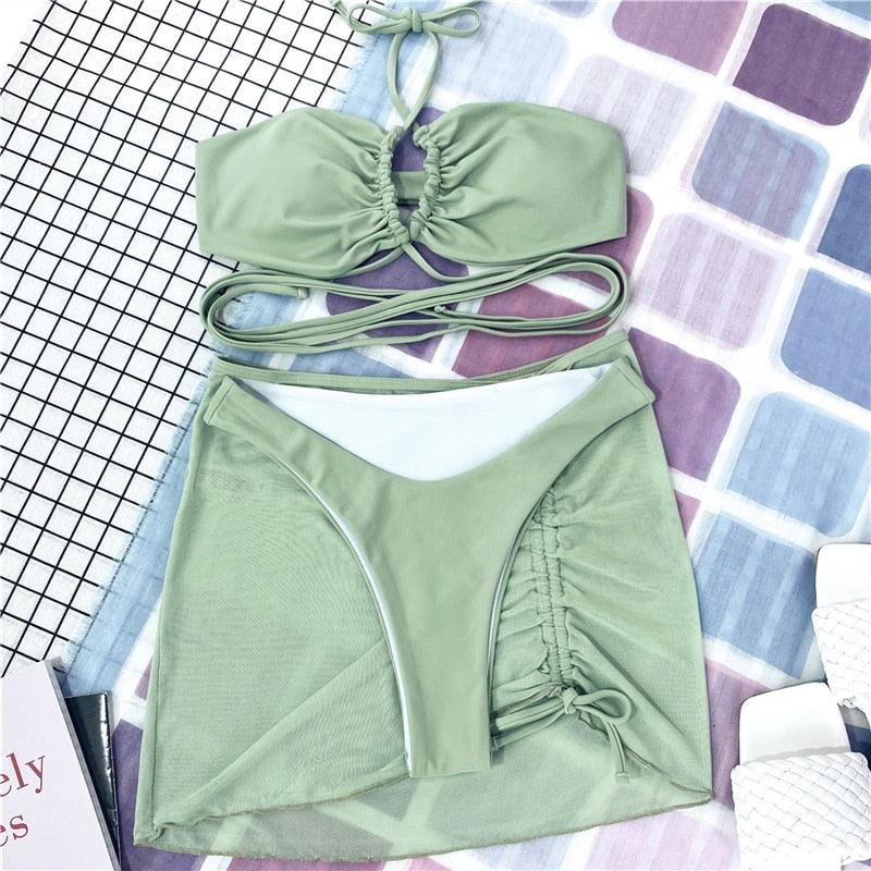 Halter Hollow Cross Bikinis Set Swimsuit Women's New Solid Two-Piece Swimwear Two Piece Swimsuit Halter Crisscross Cut Out Bikini Wrap Top with High Waist  Bottom Beach Swimwear Summer Beachwear Woman Bath Bathing Suit Stevvex