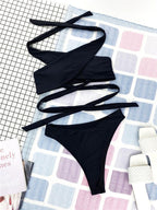 Halter Hollow Cross Bikinis Set Swimsuit Women's New Solid Two-Piece Swimwear Two Piece Swimsuit Halter Crisscross Cut Out Bikini Wrap Top with High Waist  Bottom Beach Swimwear Summer Beachwear Woman Bath Bathing Suit Stevvex