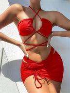 Halter Hollow Cross Bikinis Set Swimsuit Women's New Solid Two-Piece Swimwear Two Piece Swimsuit Halter Crisscross Cut Out Bikini Wrap Top with High Waist  Bottom Beach Swimwear Summer Beachwear Woman Bath Bathing Suit Stevvex