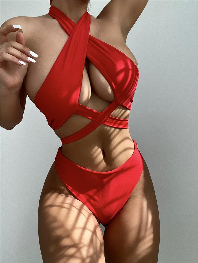 Halter Hollow Cross Bikinis Set Swimsuit Women's New Solid Two-Piece Swimwear Two Piece Swimsuit Halter Crisscross Cut Out Bikini Wrap Top with High Waist  Bottom Beach Swimwear Summer Beachwear Woman Bath Bathing Suit Stevvex