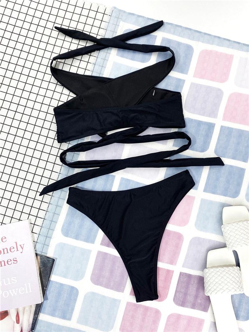 Halter Hollow Cross Bikinis Set Swimsuit Women's New Solid Two-Piece Swimwear Two Piece Swimsuit Halter Crisscross Cut Out Bikini Wrap Top with High Waist  Bottom Beach Swimwear Summer Beachwear Woman Bath Bathing Suit Stevvex