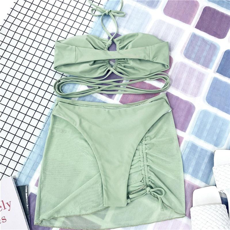Halter Hollow Cross Bikinis Set Swimsuit Women's New Solid Two-Piece Swimwear Two Piece Swimsuit Halter Crisscross Cut Out Bikini Wrap Top with High Waist  Bottom Beach Swimwear Summer Beachwear Woman Bath Bathing Suit Stevvex