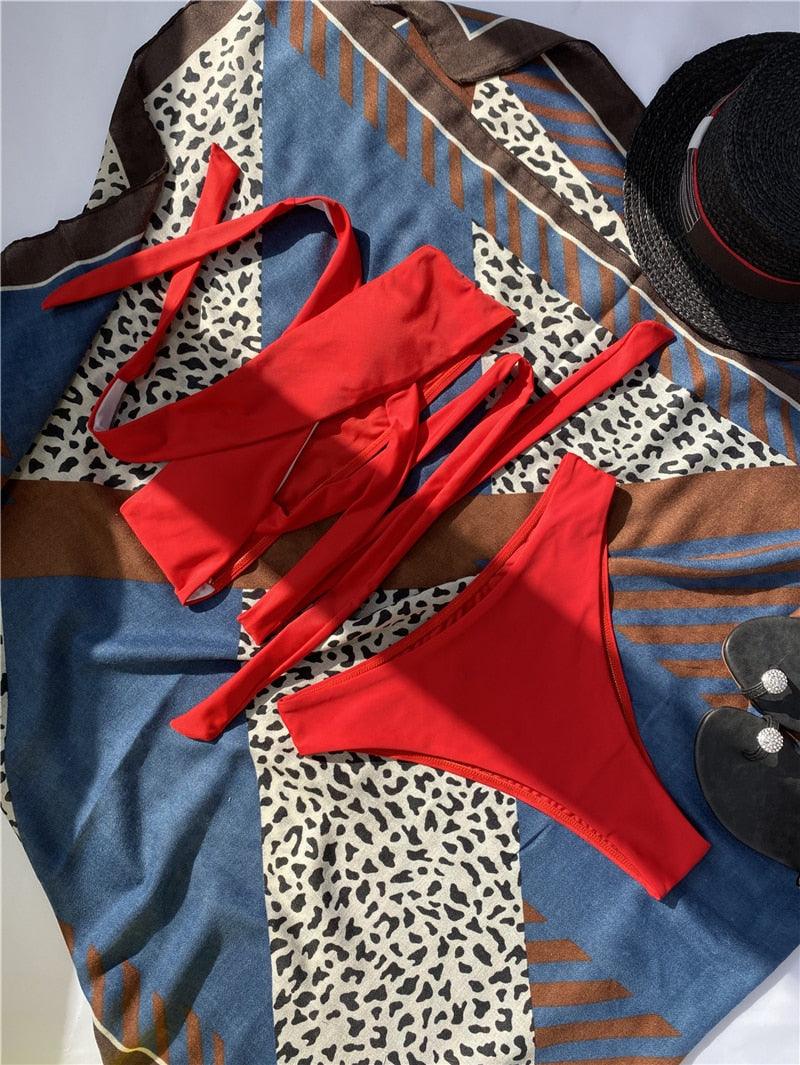Halter Hollow Cross Bikinis Set Swimsuit Women's New Solid Two-Piece Swimwear Two Piece Swimsuit Halter Crisscross Cut Out Bikini Wrap Top with High Waist  Bottom Beach Swimwear Summer Beachwear Woman Bath Bathing Suit Stevvex