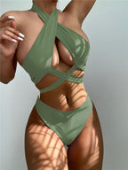 Halter Hollow Cross Bikinis Set Swimsuit Women's New Solid Two-Piece Swimwear Two Piece Swimsuit Halter Crisscross Cut Out Bikini Wrap Top with High Waist  Bottom Beach Swimwear Summer Beachwear Woman Bath Bathing Suit Stevvex