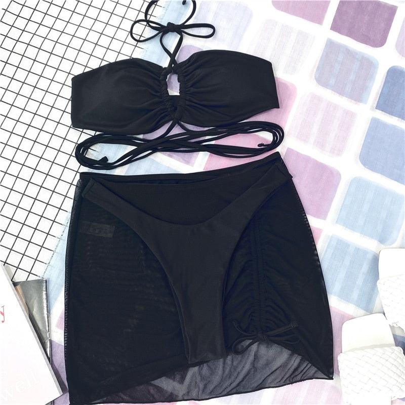 Halter Hollow Cross Bikinis Set Swimsuit Women's New Solid Two-Piece Swimwear Two Piece Swimsuit Halter Crisscross Cut Out Bikini Wrap Top with High Waist  Bottom Beach Swimwear Summer Beachwear Woman Bath Bathing Suit Stevvex