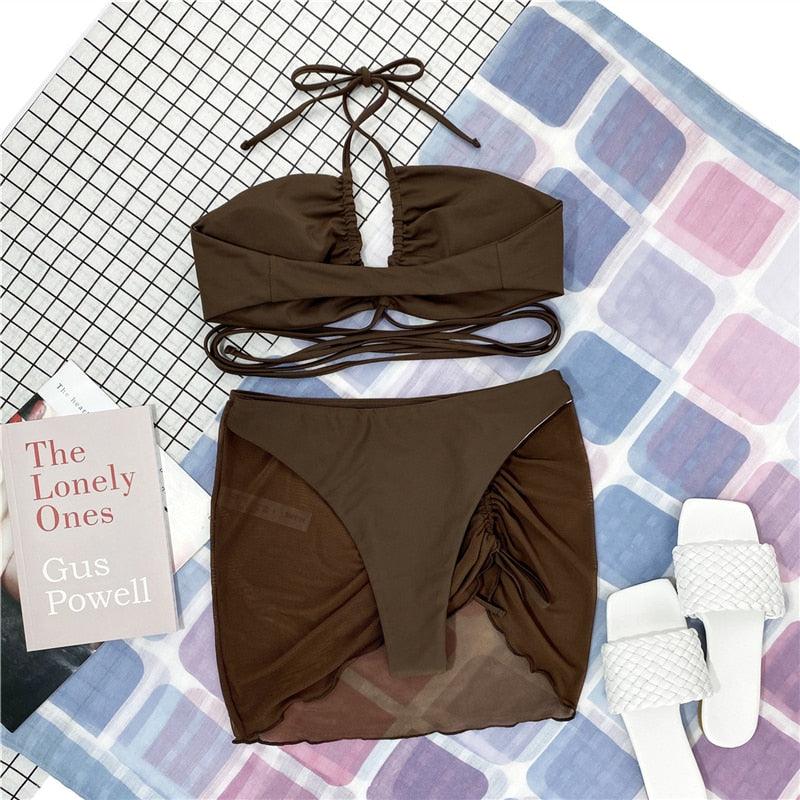 Halter Hollow Cross Bikinis Set Swimsuit Women's New Solid Two-Piece Swimwear Two Piece Swimsuit Halter Crisscross Cut Out Bikini Wrap Top with High Waist  Bottom Beach Swimwear Summer Beachwear Woman Bath Bathing Suit Stevvex