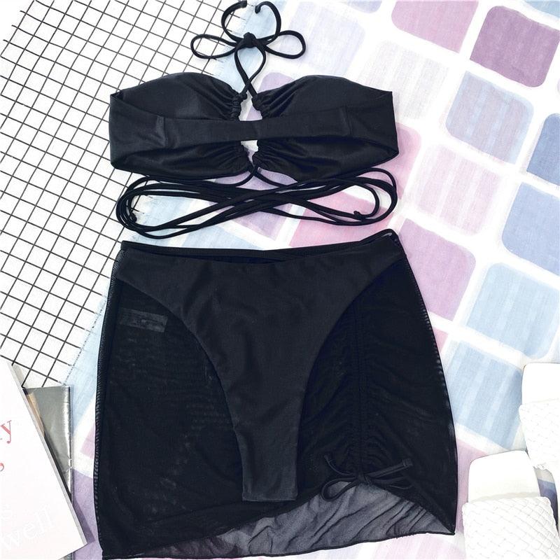 Halter Hollow Cross Bikinis Set Swimsuit Women's New Solid Two-Piece Swimwear Two Piece Swimsuit Halter Crisscross Cut Out Bikini Wrap Top with High Waist  Bottom Beach Swimwear Summer Beachwear Woman Bath Bathing Suit Stevvex