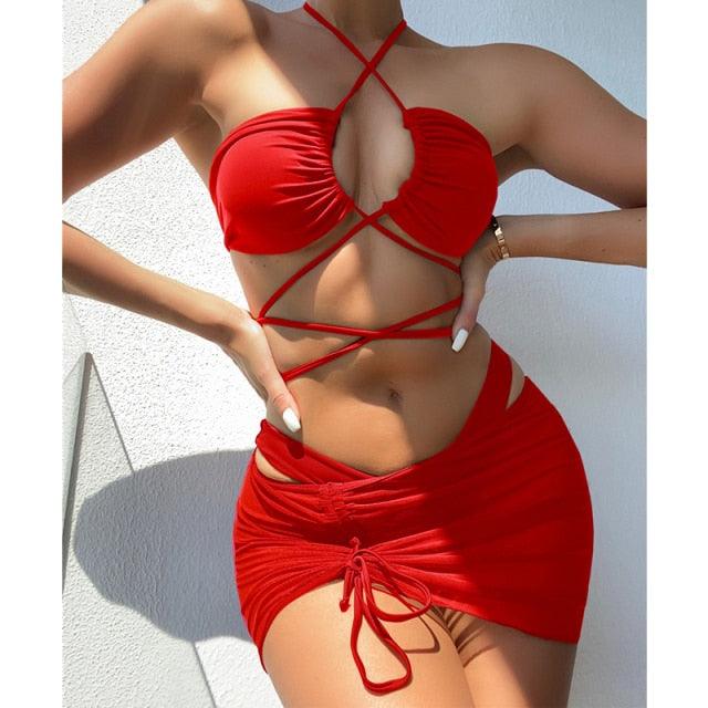 Halter Hollow Cross Bikinis Set Swimsuit Women's New Solid Two-Piece Swimwear Two Piece Swimsuit Halter Crisscross Cut Out Bikini Wrap Top with High Waist  Bottom Beach Swimwear Summer Beachwear Woman Bath Bathing Suit Stevvex