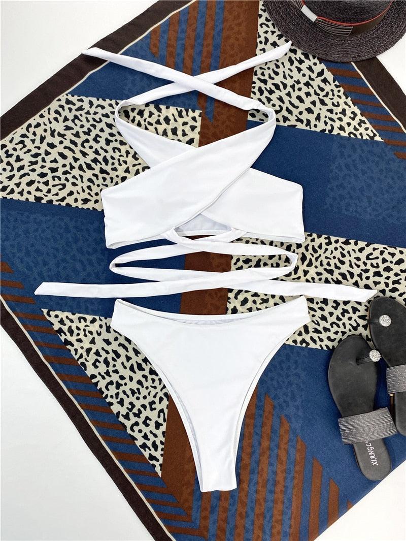 Halter Hollow Cross Bikinis Set Swimsuit Women's New Solid Two-Piece Swimwear Two Piece Swimsuit Halter Crisscross Cut Out Bikini Wrap Top with High Waist  Bottom Beach Swimwear Summer Beachwear Woman Bath Bathing Suit Stevvex