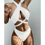 Halter Hollow Cross Bikinis Set Swimsuit Women's New Solid Two-Piece Swimwear Two Piece Swimsuit Halter Crisscross Cut Out Bikini Wrap Top with High Waist  Bottom Beach Swimwear Summer Beachwear Woman Bath Bathing Suit Stevvex