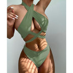 Halter Hollow Cross Bikinis Set Swimsuit Women's New Solid Two-Piece Swimwear Two Piece Swimsuit Halter Crisscross Cut Out Bikini Wrap Top with High Waist  Bottom Beach Swimwear Summer Beachwear Woman Bath Bathing Suit Stevvex