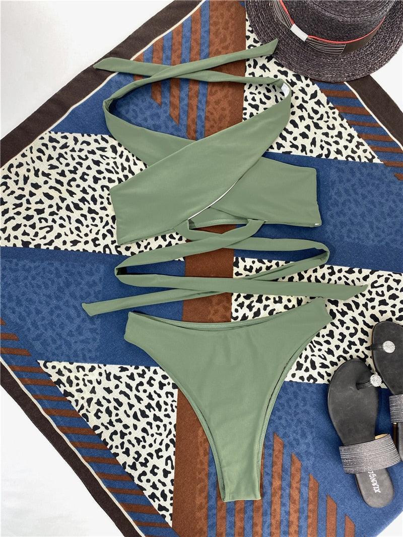 Halter Hollow Cross Bikinis Set Swimsuit Women's New Solid Two-Piece Swimwear Two Piece Swimsuit Halter Crisscross Cut Out Bikini Wrap Top with High Waist  Bottom Beach Swimwear Summer Beachwear Woman Bath Bathing Suit Stevvex